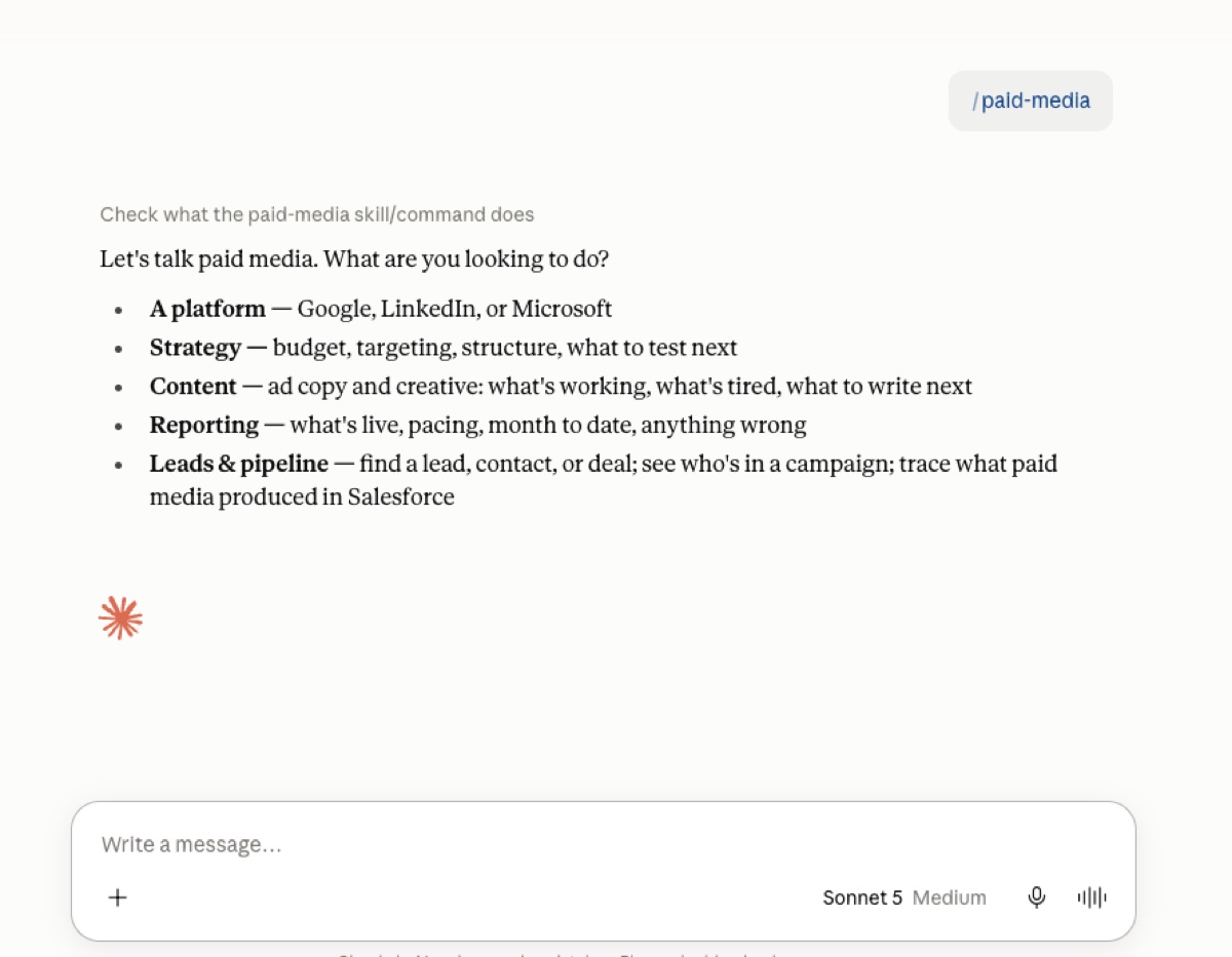 Paid media skill menu in Claude